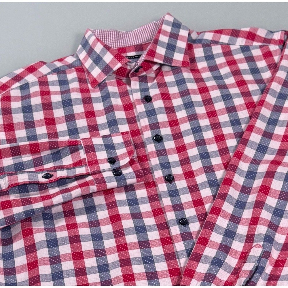 Hammer Made Mens Shirt Red Blue White Gingham Check Contrast Collar -16.5 Large